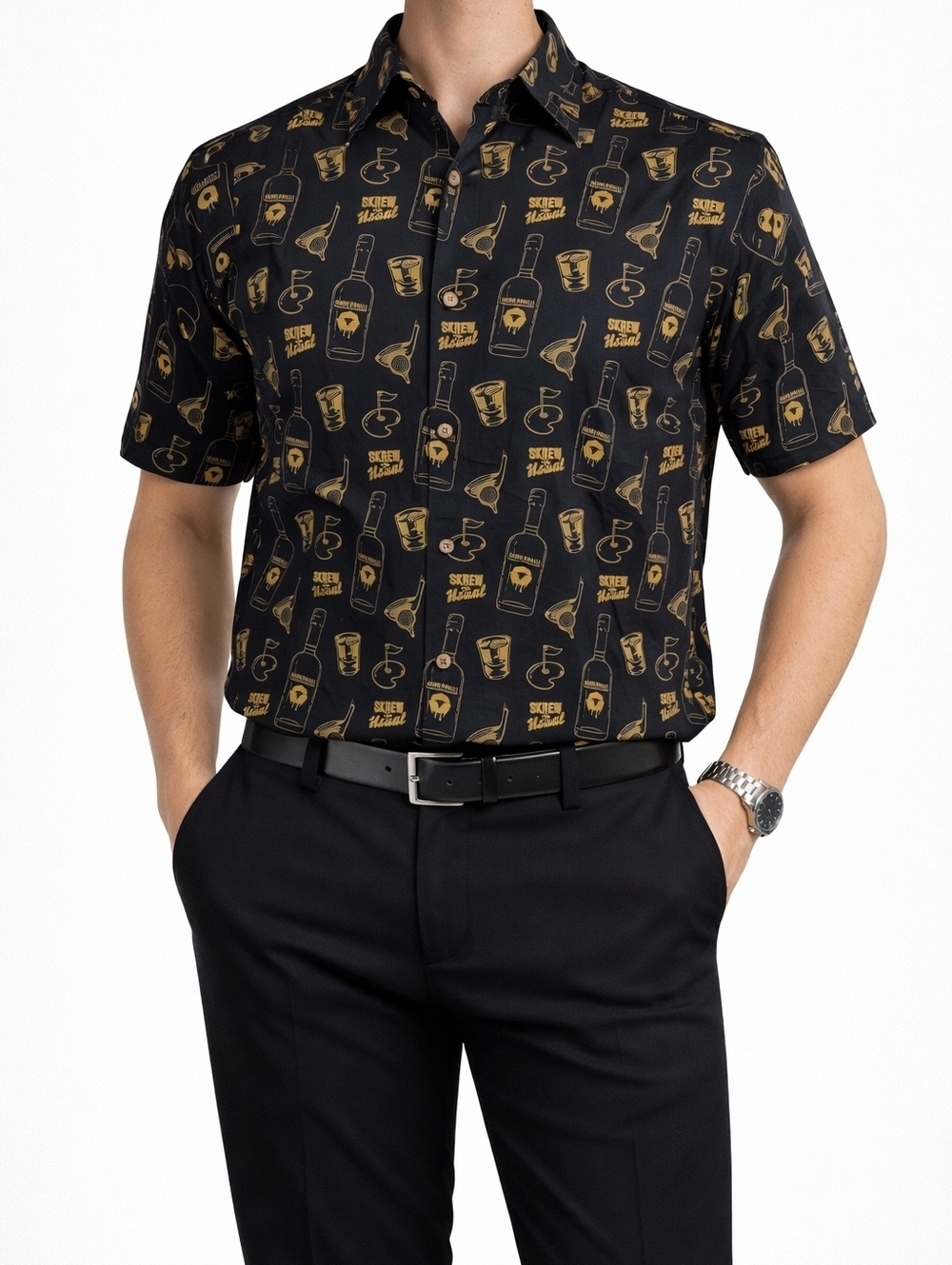 Skrewball Whiskey Men’s Button Up Shirt Medium Black Gold Graphic Stretch Casual
